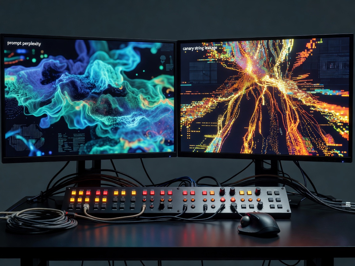 Dual-screen telemetry setup inspecting prompt perplexity and canary string leakage