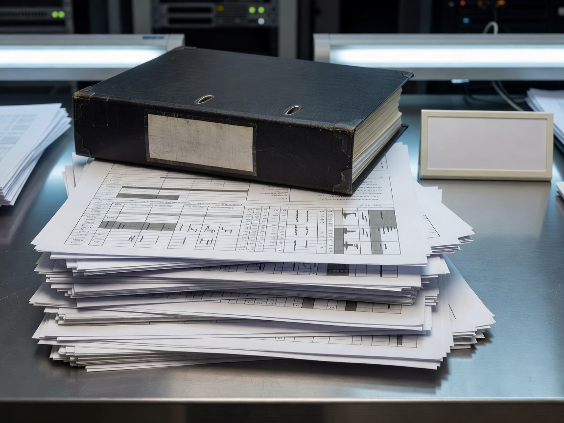Compliance ledger and technical documentation binder on top of server diagnostic printouts